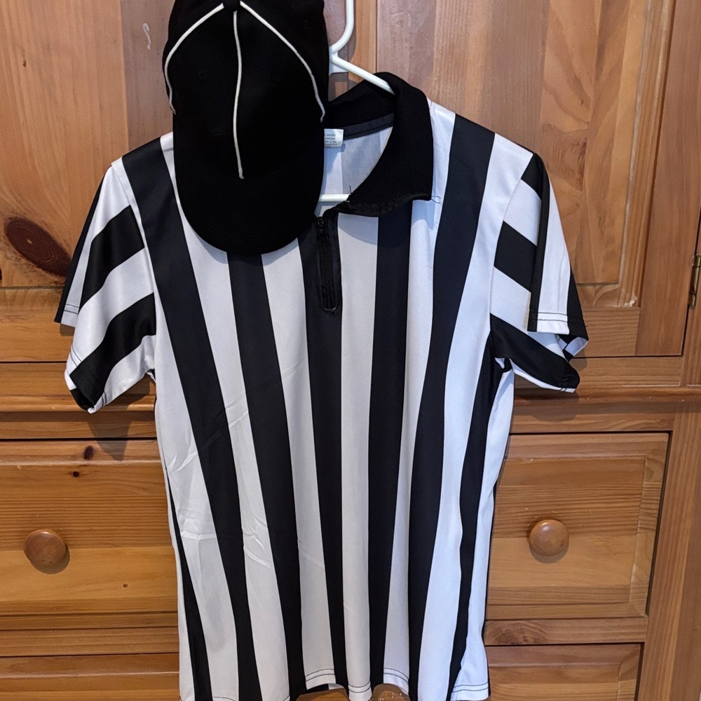 Black and White Striped Referee Costume with Coordinated Hat